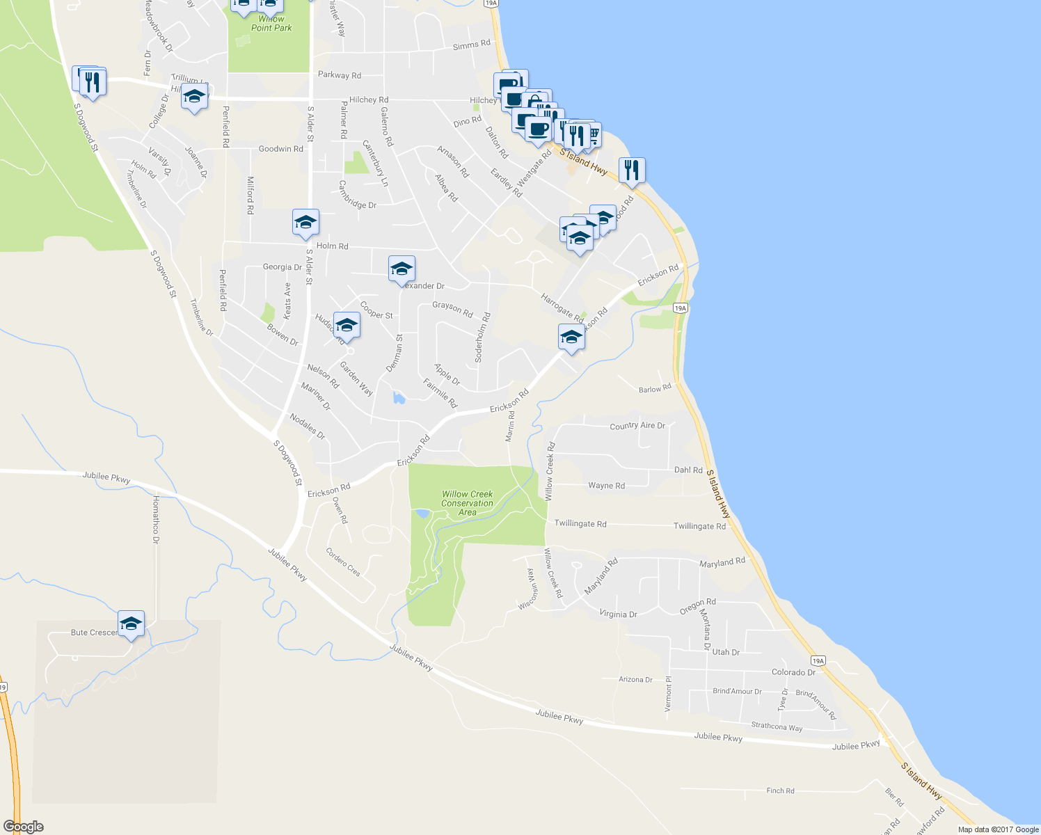 map of restaurants, bars, coffee shops, grocery stores, and more near 2957 Martin Road in Campbell River