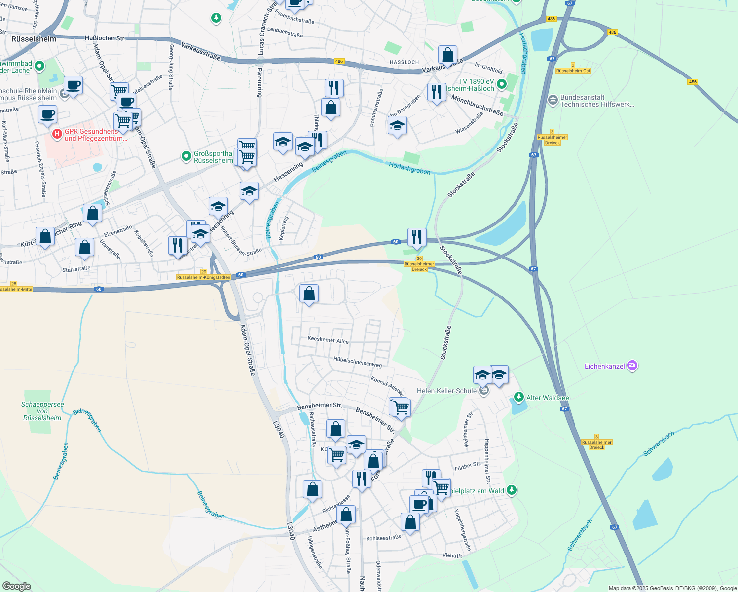 map of restaurants, bars, coffee shops, grocery stores, and more near Karl-Landsteiner-Ring in Rüsselsheim am Main