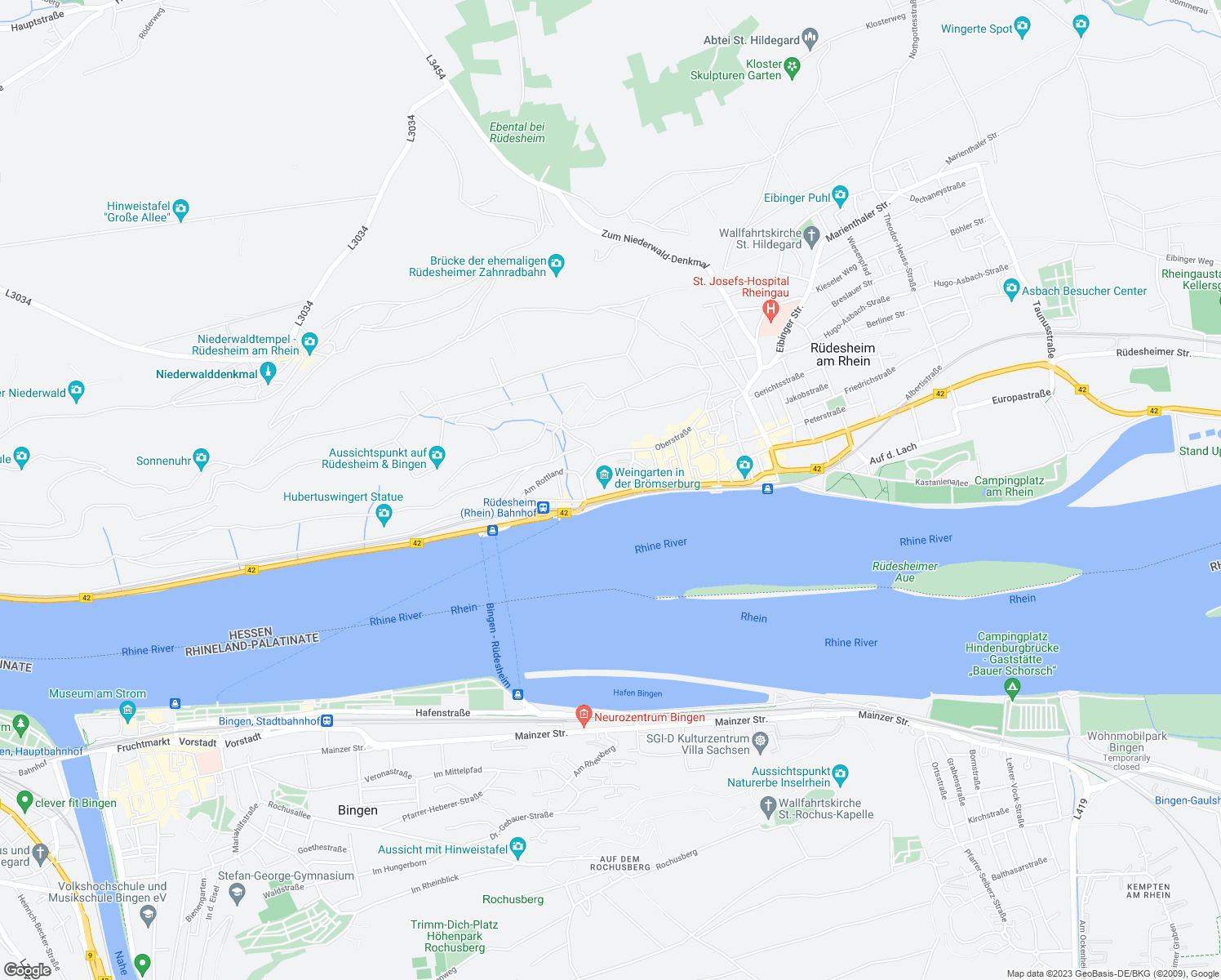 map of restaurants, bars, coffee shops, grocery stores, and more near 2 Rheinstraße in Rüdesheim am Rhein