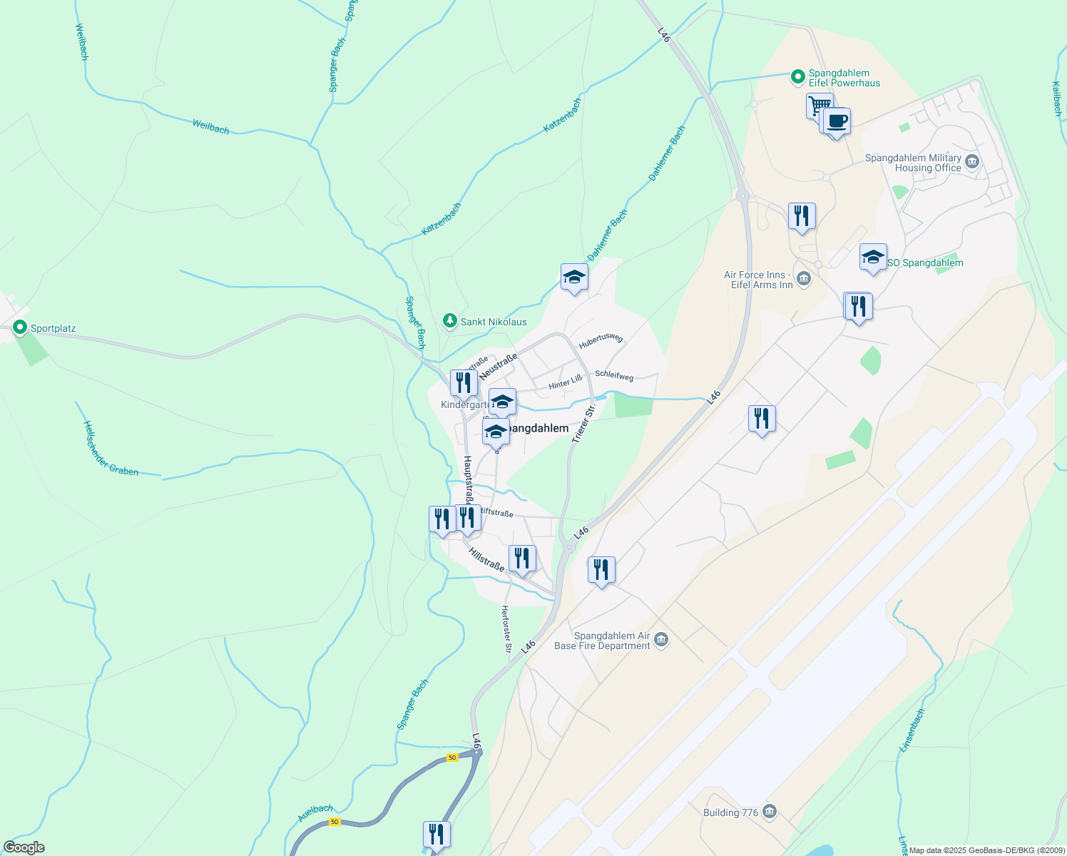 map of restaurants, bars, coffee shops, grocery stores, and more near in Spangdahlem
