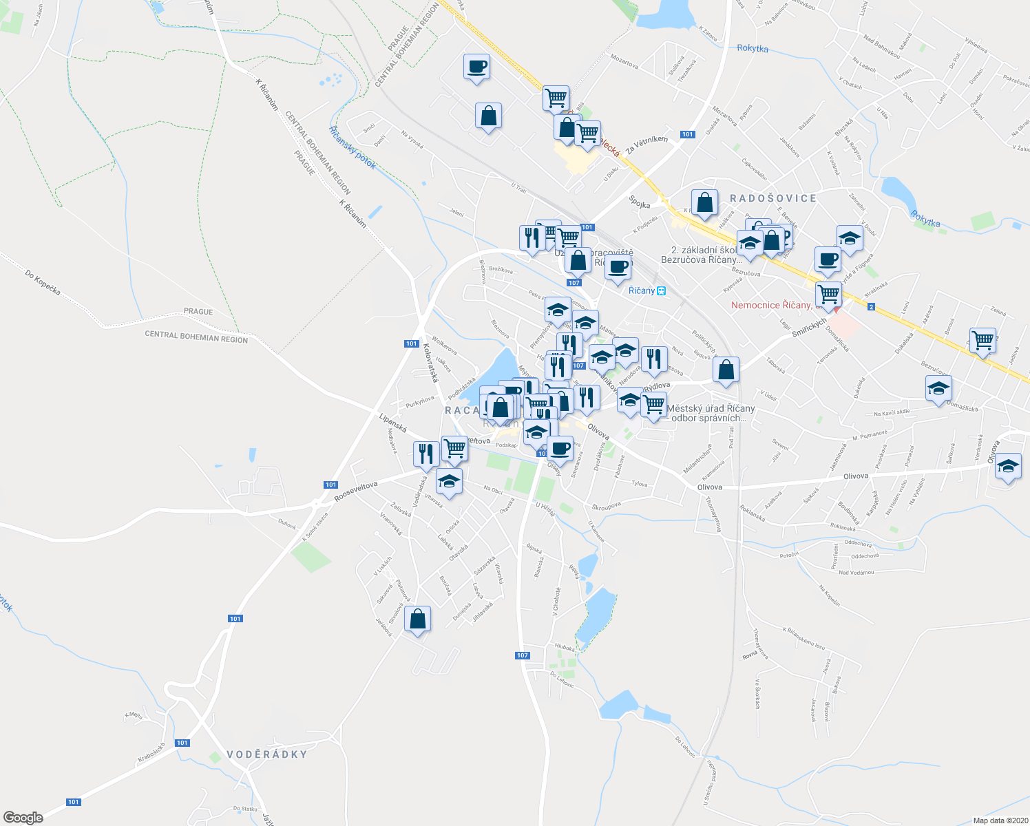 map of restaurants, bars, coffee shops, grocery stores, and more near 27 Masarykovo náměstí in Říčany