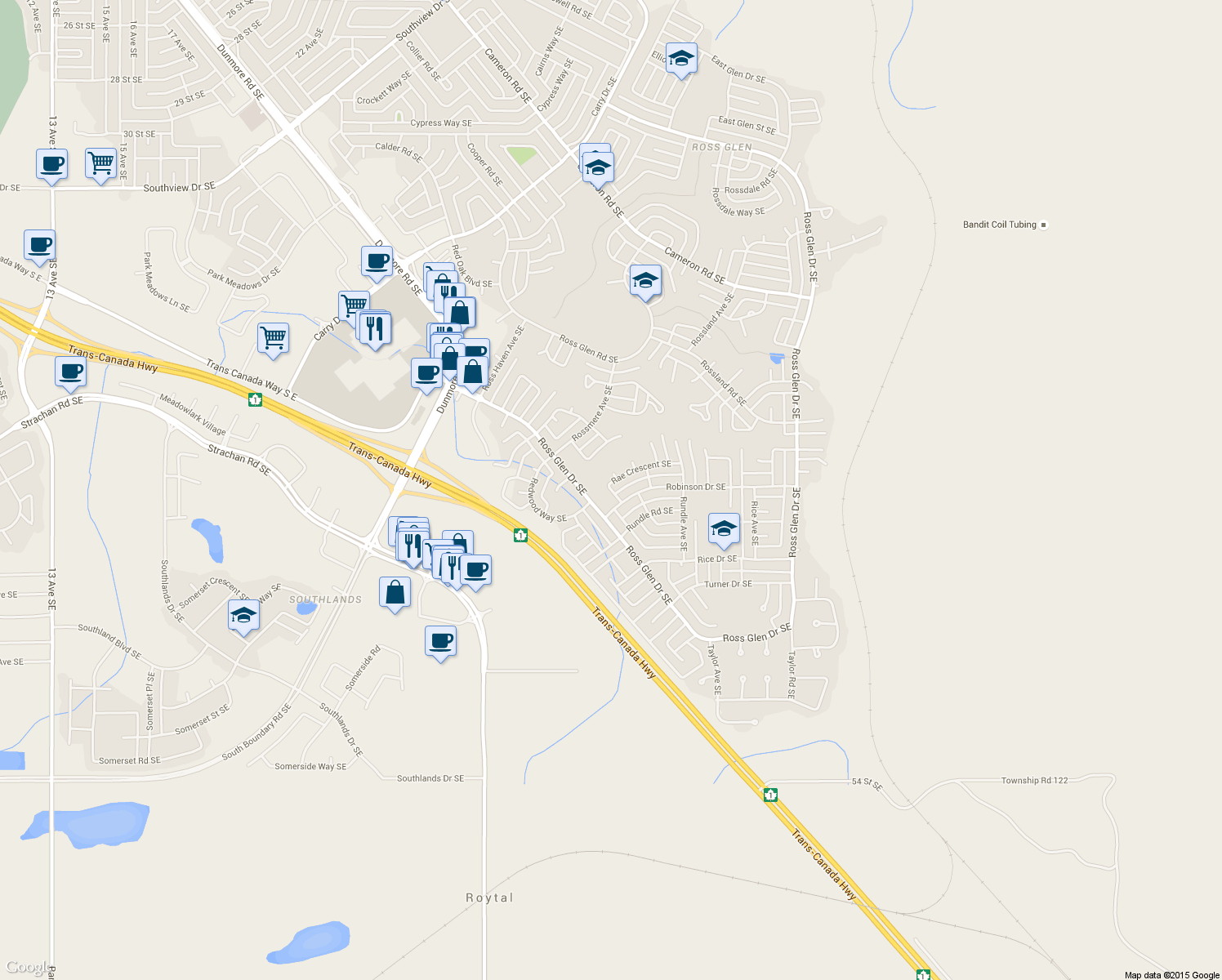 map of restaurants, bars, coffee shops, grocery stores, and more near 14 Rae Crescent Southeast in Medicine Hat