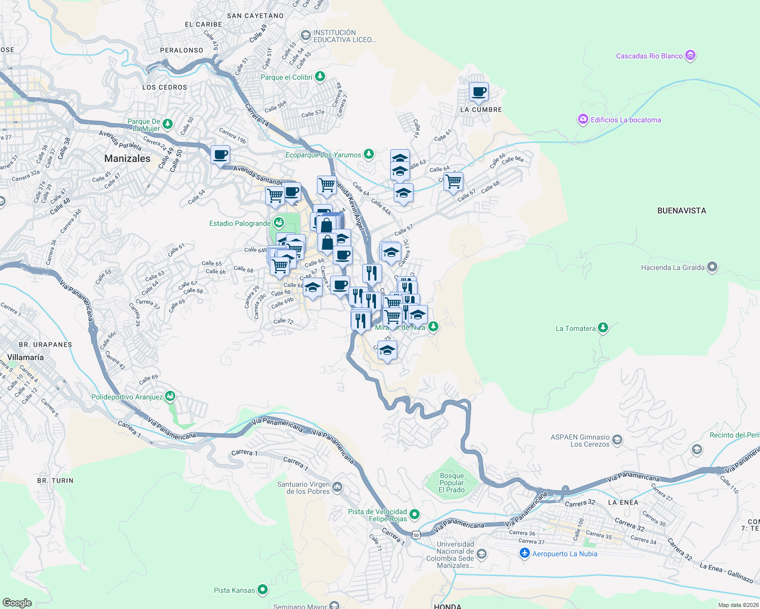 map of restaurants, bars, coffee shops, grocery stores, and more near 7258 Avenida Kevin Ángel in Manizales