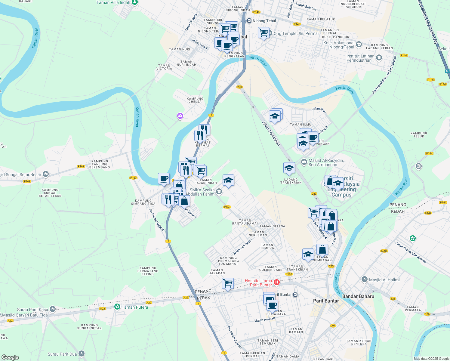 map of restaurants, bars, coffee shops, grocery stores, and more near Jalan Bangau 1 in Nibong Tebal