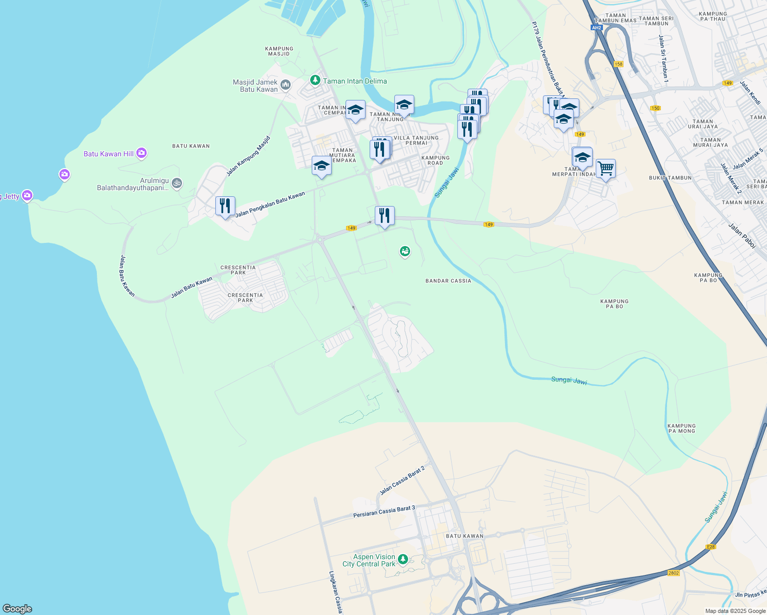 map of restaurants, bars, coffee shops, grocery stores, and more near Lingkaran Cassia Timur in Simpang Ampat