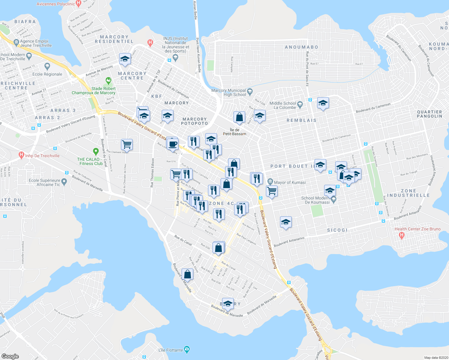 map of restaurants, bars, coffee shops, grocery stores, and more near Rue Louis Lumiere in Abidjan