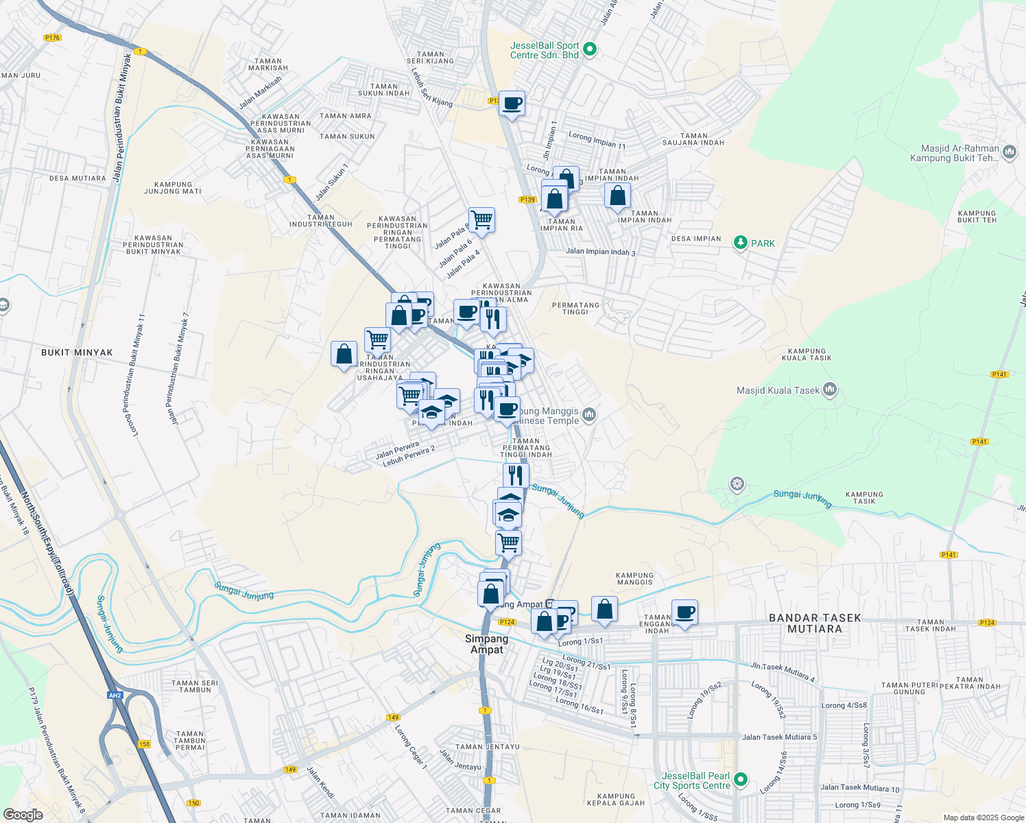 map of restaurants, bars, coffee shops, grocery stores, and more near Jalan Permatang Tinggi & Jalan Perwira in Simpang Ampat