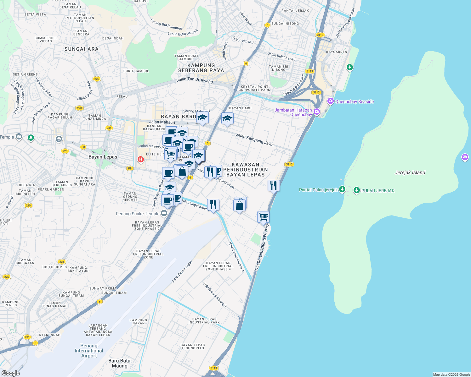map of restaurants, bars, coffee shops, grocery stores, and more near Kampung Jawa Highway in Bayan Lepas