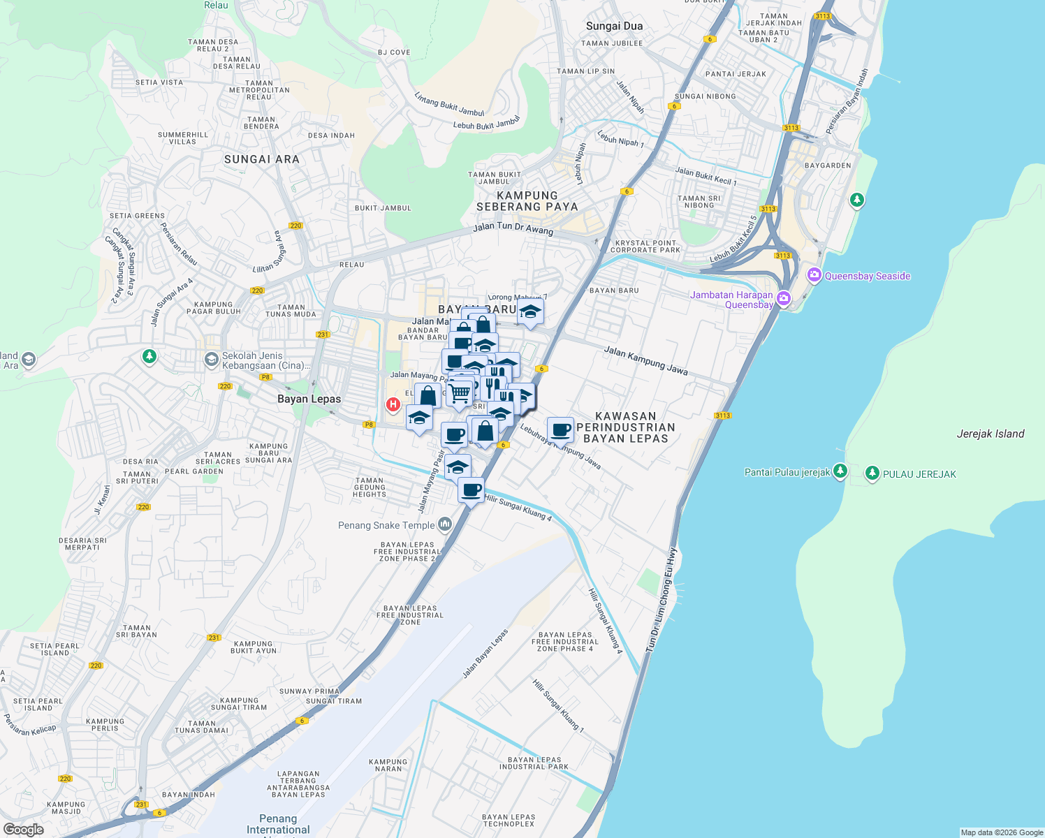 map of restaurants, bars, coffee shops, grocery stores, and more near in Bayan Lepas