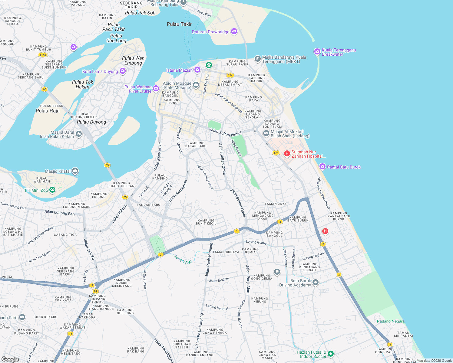 map of restaurants, bars, coffee shops, grocery stores, and more near Jalan Sultan Omar in Kuala Terengganu