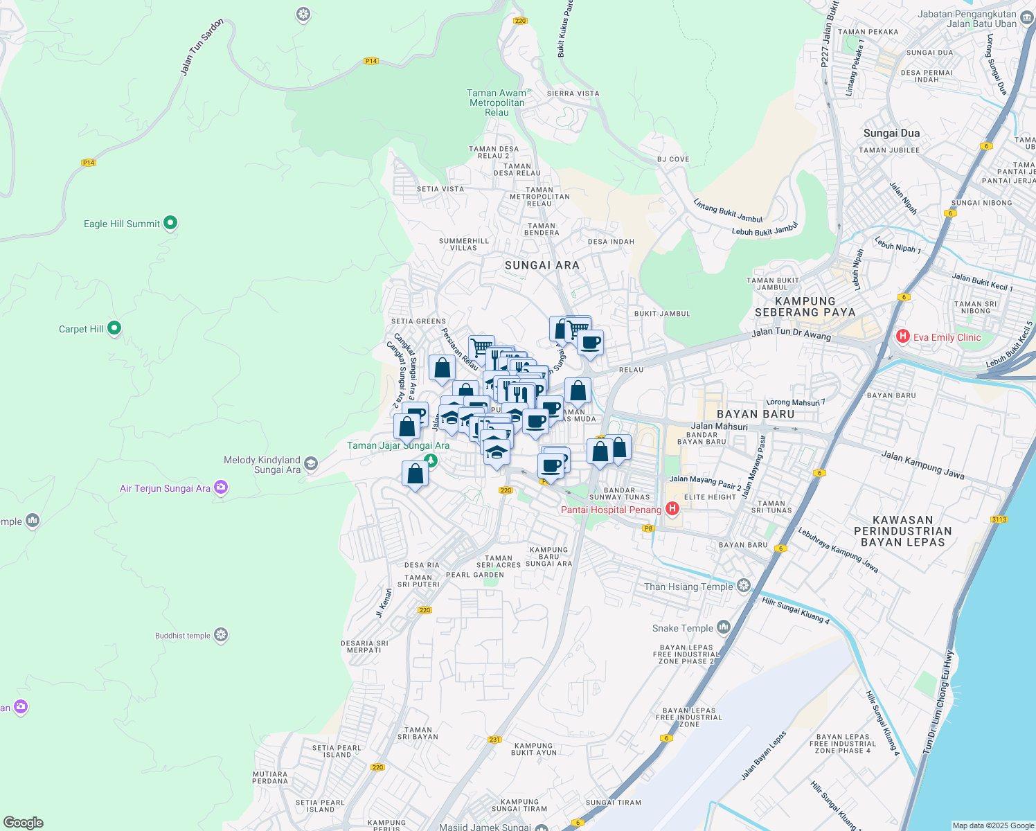 map of restaurants, bars, coffee shops, grocery stores, and more near Jalan Dato Ismail Hashim in Bayan Lepas