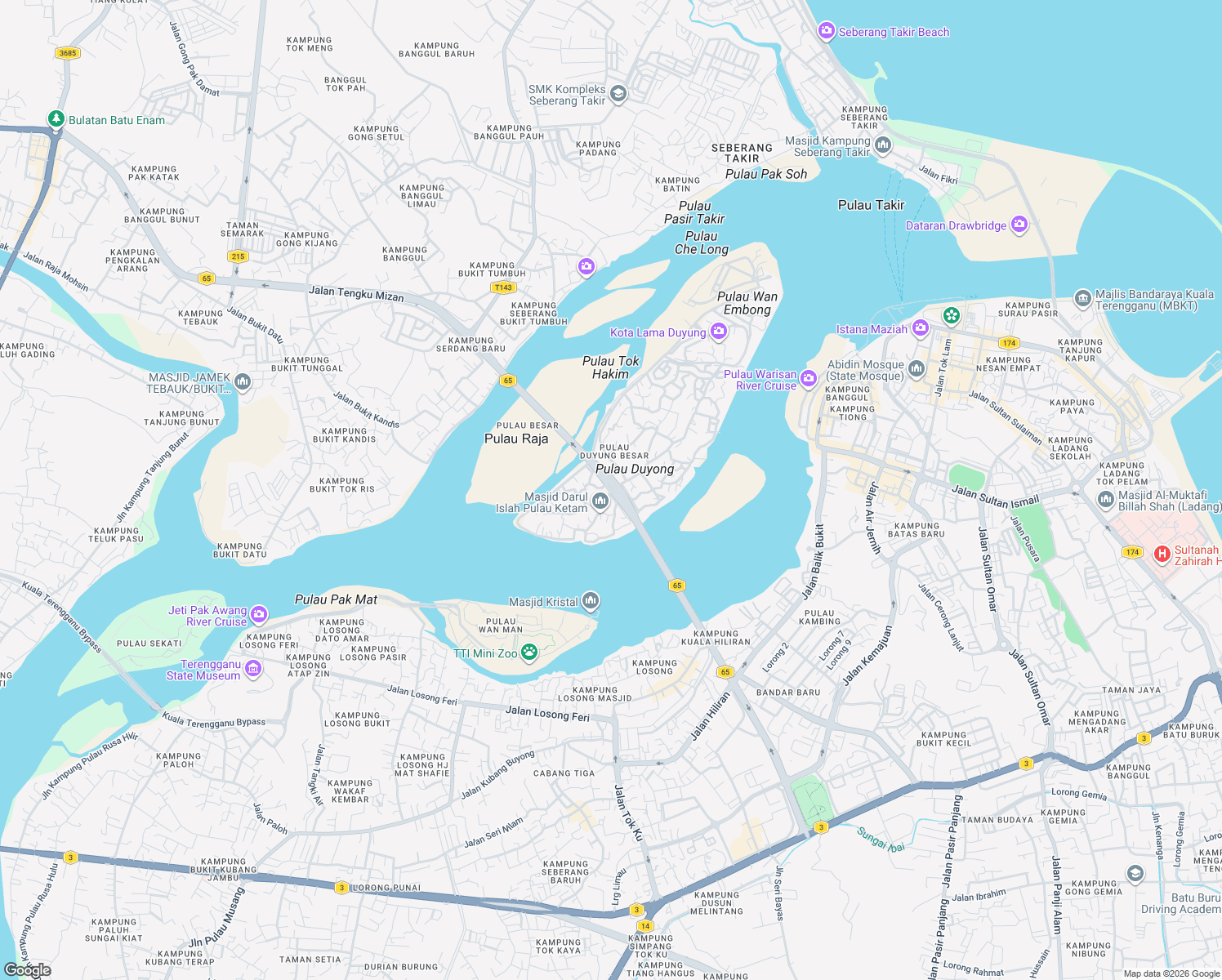 map of restaurants, bars, coffee shops, grocery stores, and more near Exit Jalan Tengku Mizan in Kuala Terengganu