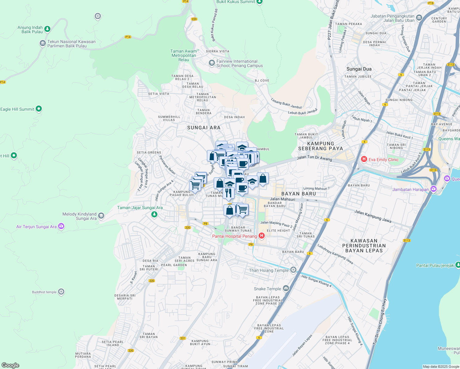 map of restaurants, bars, coffee shops, grocery stores, and more near 8 Medan Bayan in Bayan Lepas