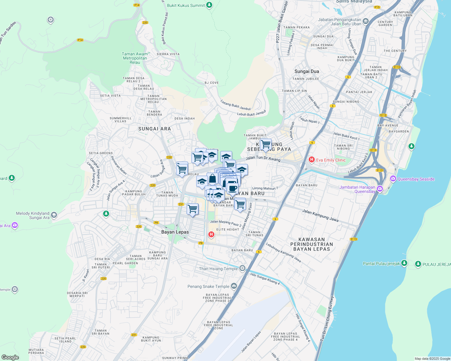 map of restaurants, bars, coffee shops, grocery stores, and more near Tingkat Mahsuri 1 in Bayan Lepas