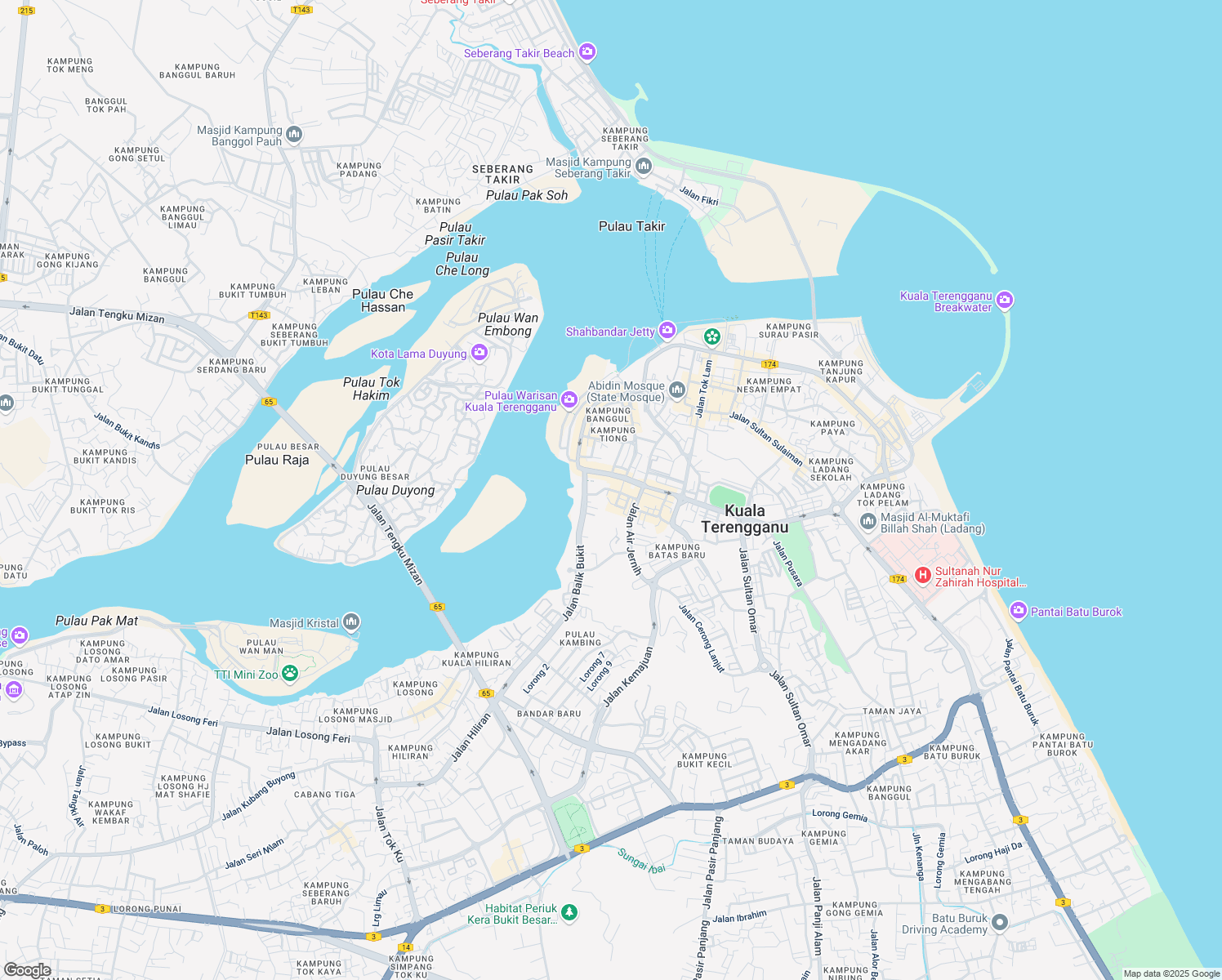 map of restaurants, bars, coffee shops, grocery stores, and more near Jalan Kota Lama in Kuala Terengganu