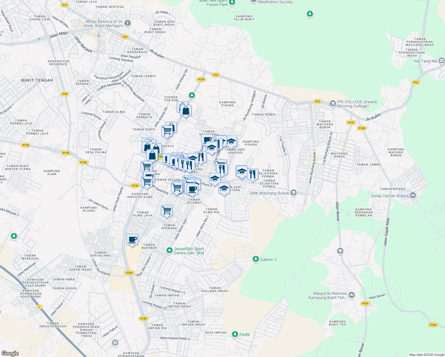 map of restaurants, bars, coffee shops, grocery stores, and more near 1 Taman Sejahtera in Bukit Mertajam