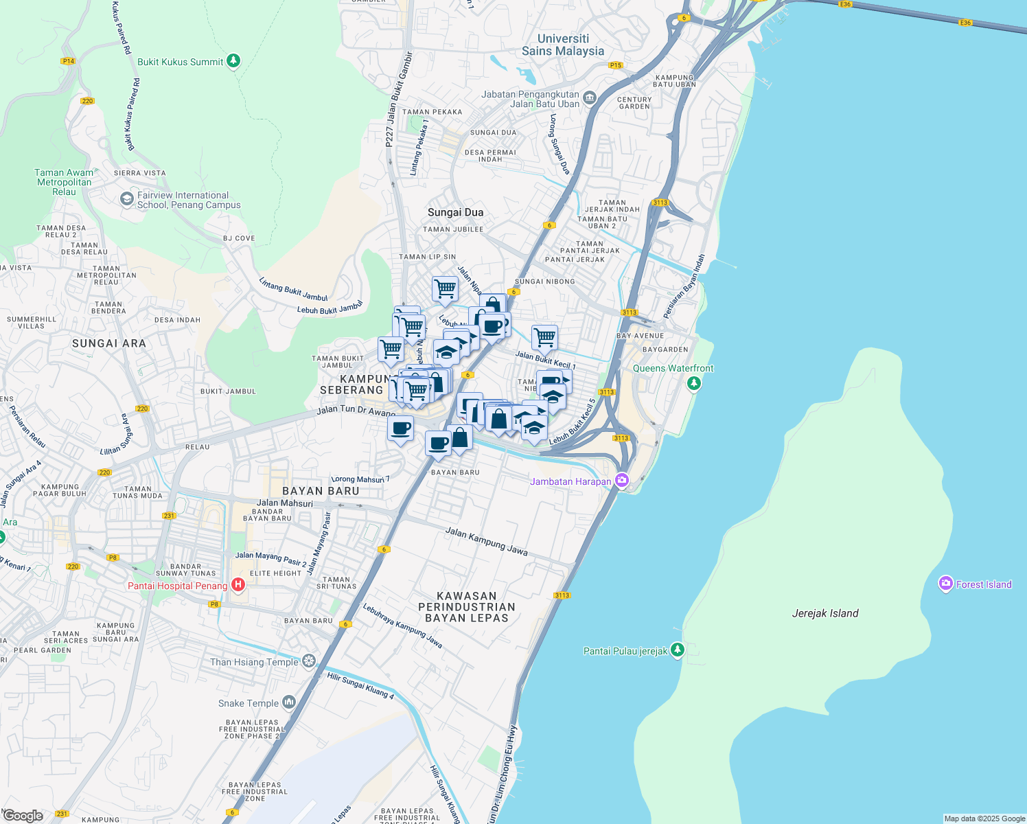 map of restaurants, bars, coffee shops, grocery stores, and more near Gerbang Bukit Kecil 1 in Bayan Lepas