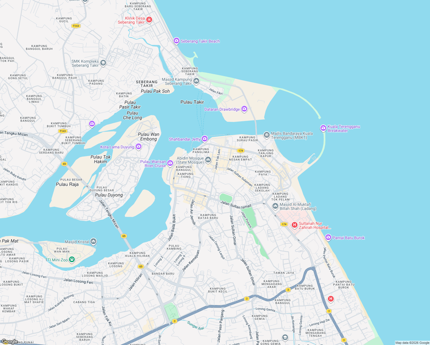 map of restaurants, bars, coffee shops, grocery stores, and more near Jalan Tok Lam in Kuala Terengganu