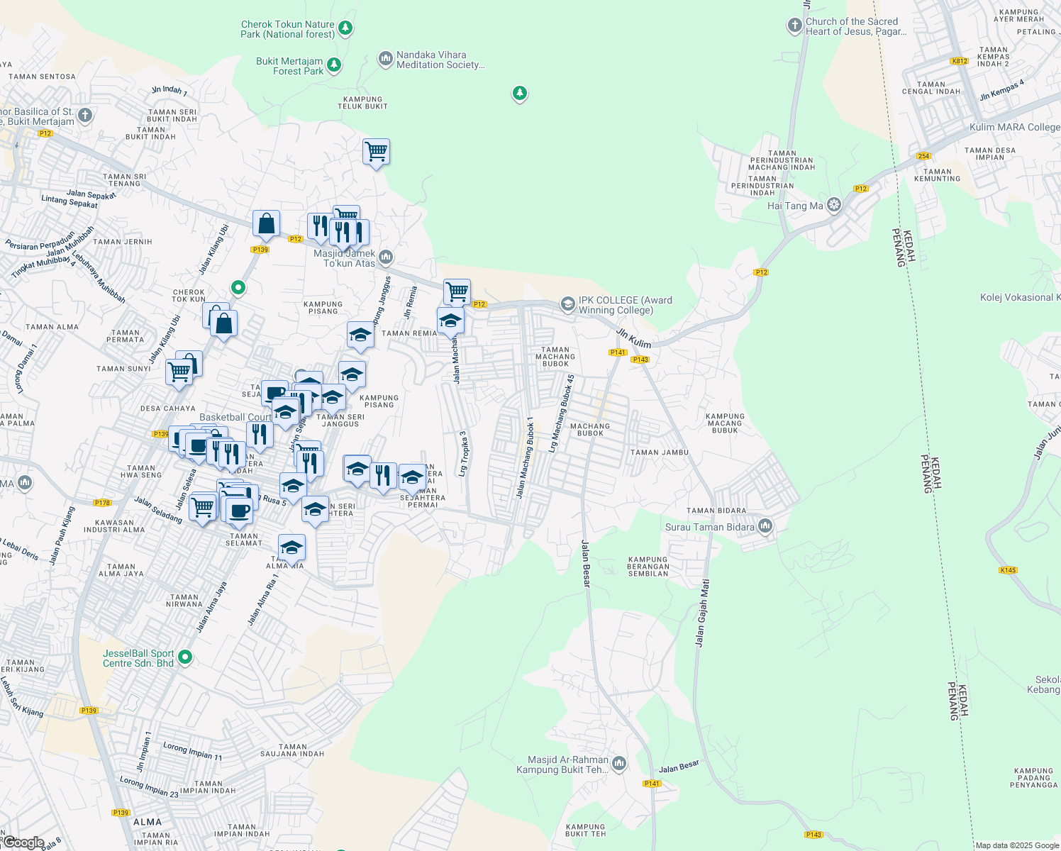 map of restaurants, bars, coffee shops, grocery stores, and more near Jalan Machang Bubok 1 in Bukit Mertajam