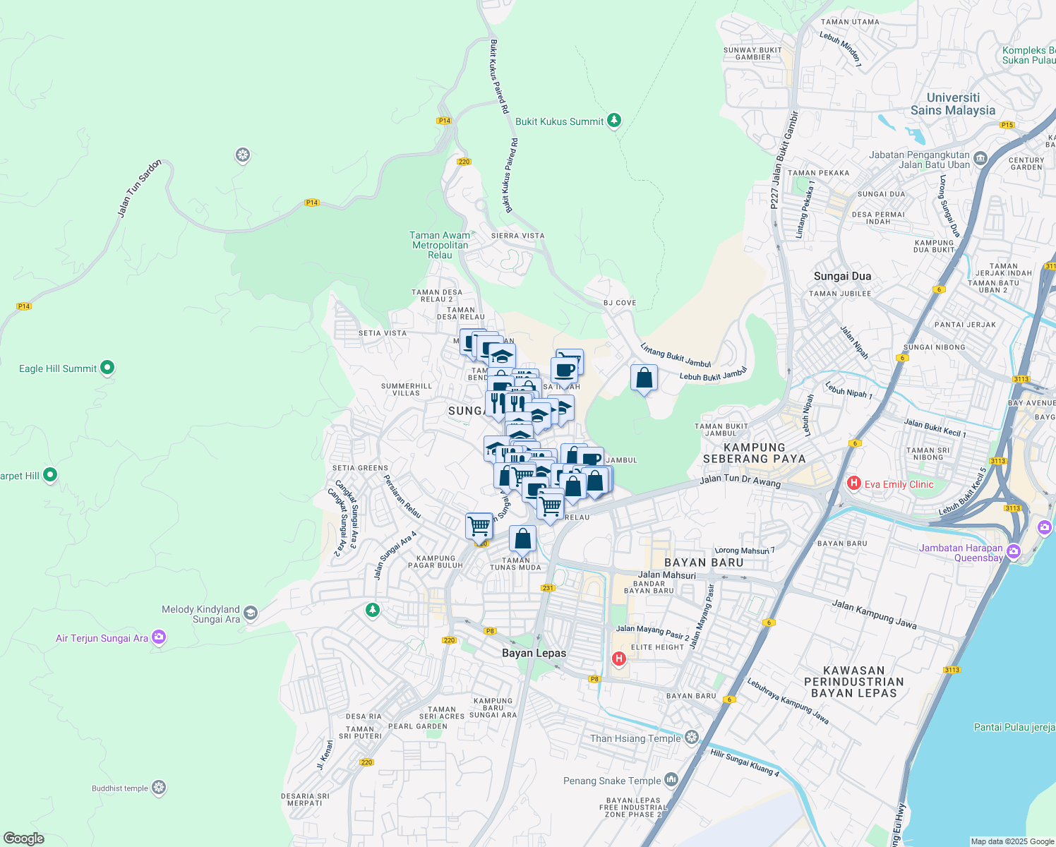 map of restaurants, bars, coffee shops, grocery stores, and more near Persiaran Paya Terubong 3 in Bayan Lepas