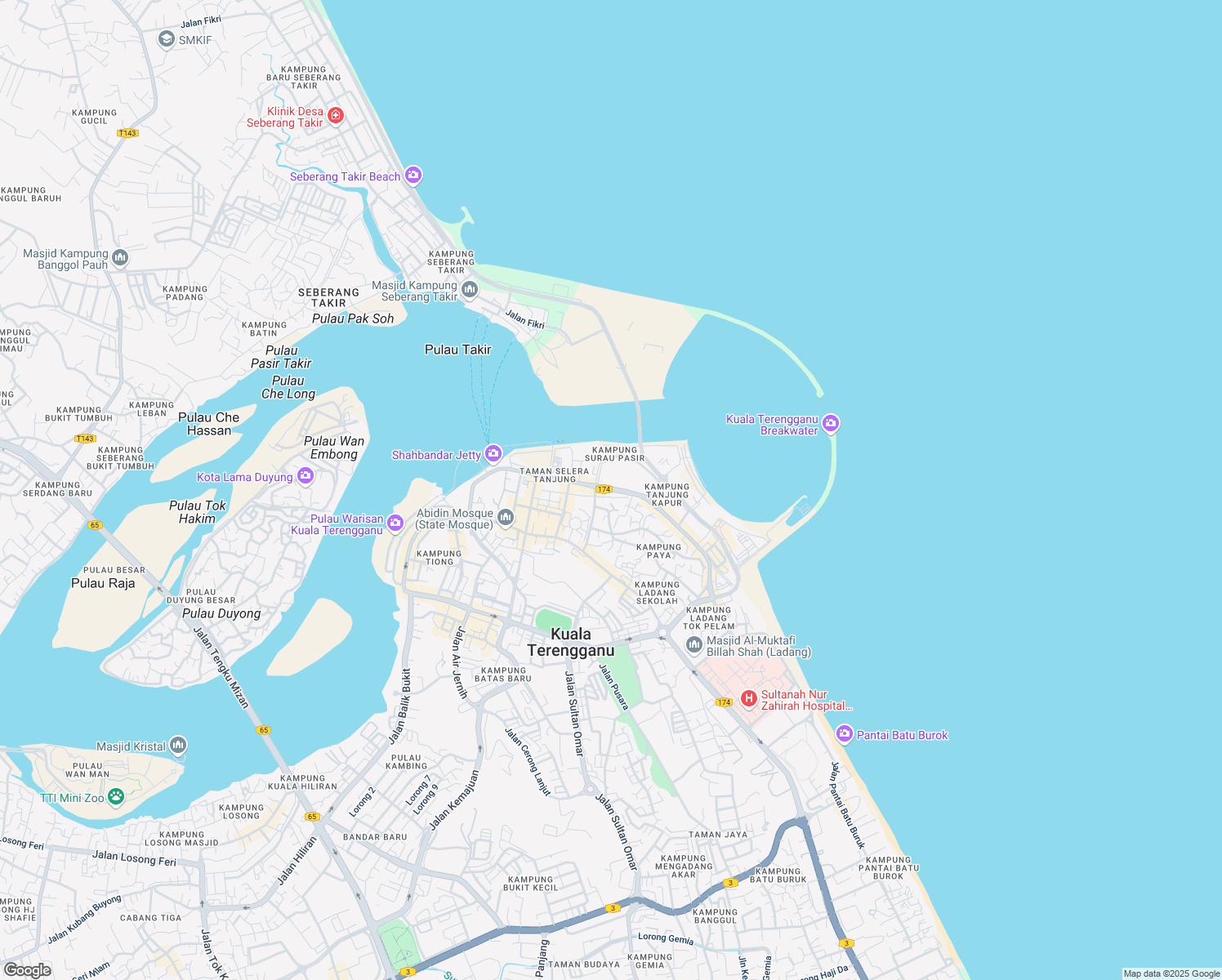 map of restaurants, bars, coffee shops, grocery stores, and more near Jalan Sultan Zainal Abidin in Kuala Terengganu