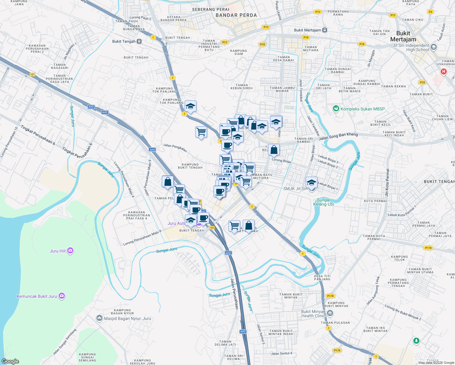 map of restaurants, bars, coffee shops, grocery stores, and more near 23 Jalan Icon City in Bukit Mertajam
