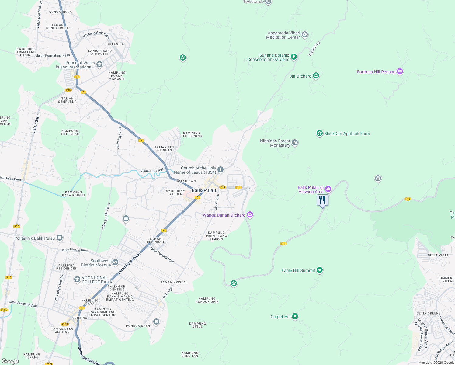 map of restaurants, bars, coffee shops, grocery stores, and more near Lintang Bukit Penara 3 in Balik Pulau