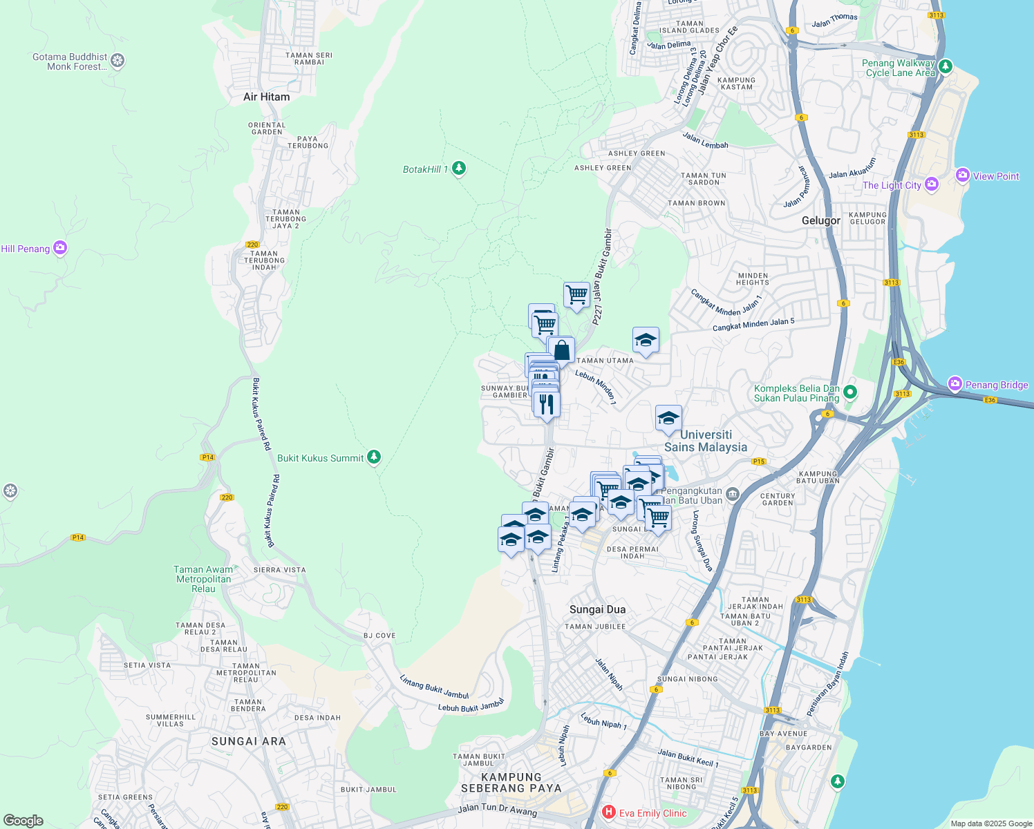 map of restaurants, bars, coffee shops, grocery stores, and more near Halaman Bukit Gambir 4 in Gelugor