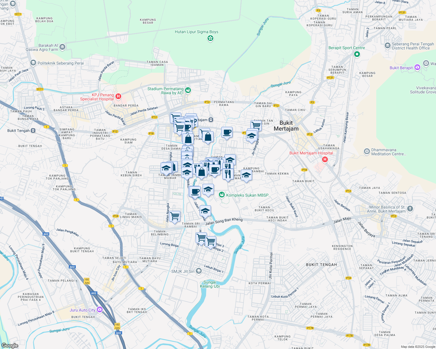 map of restaurants, bars, coffee shops, grocery stores, and more near Lorong Tembikai 1 in Bukit Mertajam