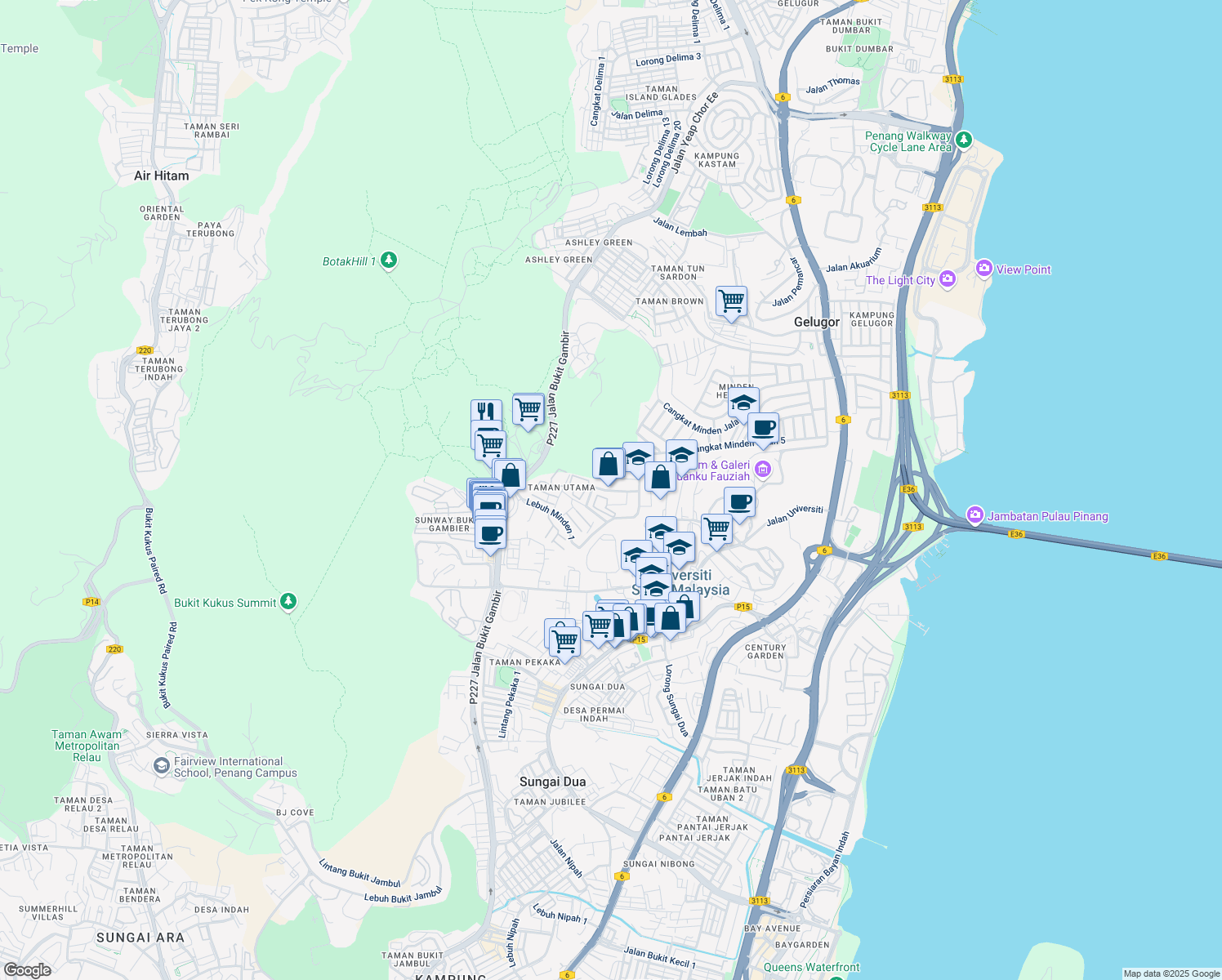 map of restaurants, bars, coffee shops, grocery stores, and more near Persiaran Minden 1 in Gelugor