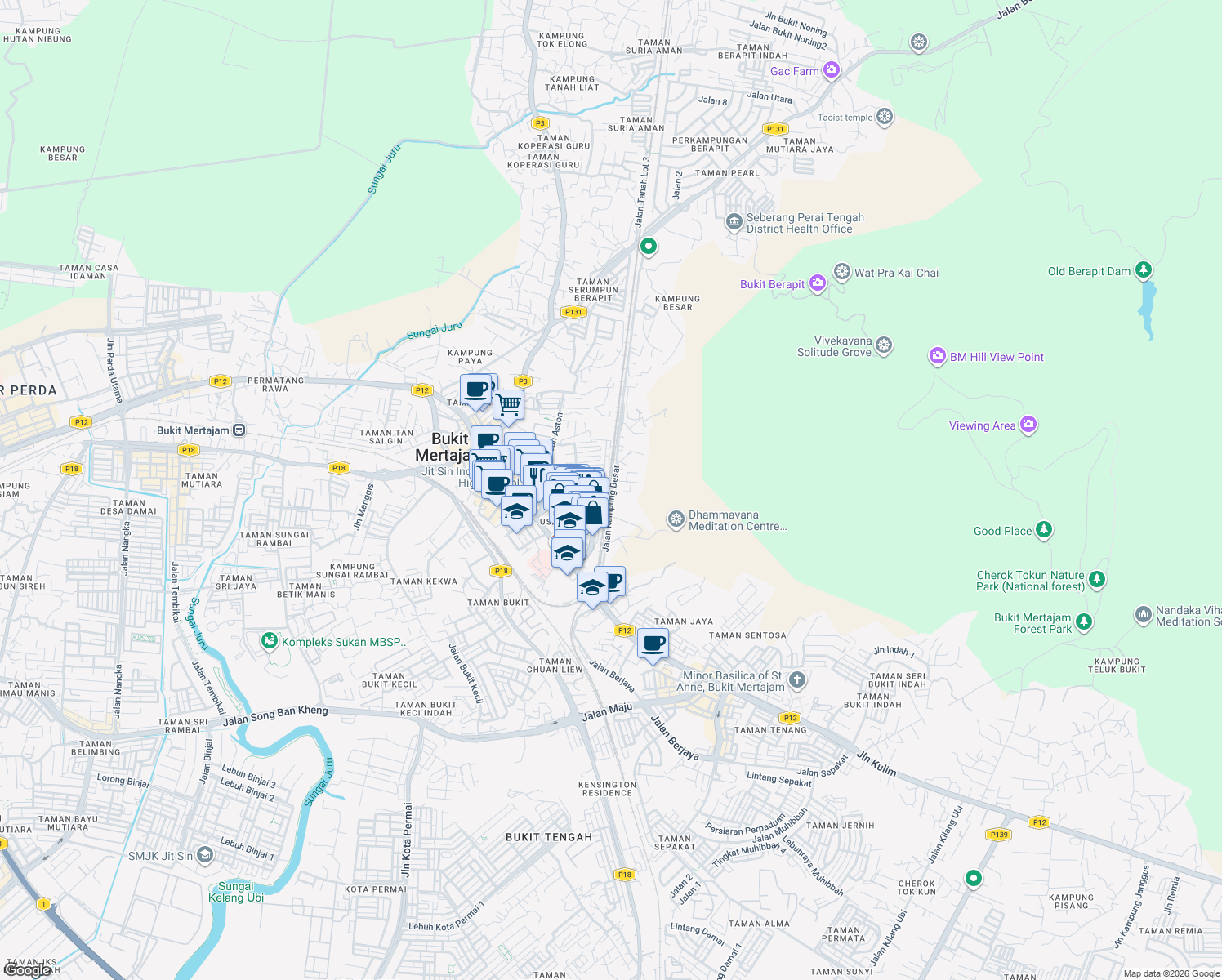 map of restaurants, bars, coffee shops, grocery stores, and more near Jalan Kampung Besar in Bukit Mertajam