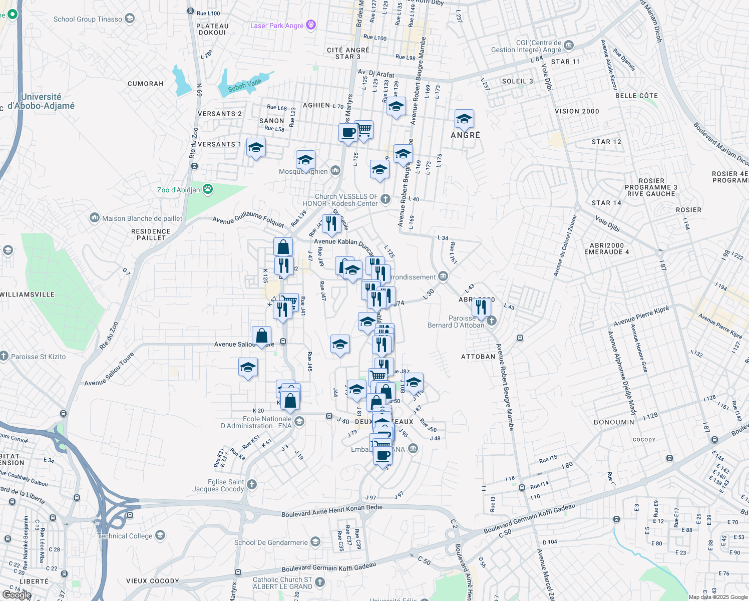 map of restaurants, bars, coffee shops, grocery stores, and more near Rue des Jardins in Abidjan