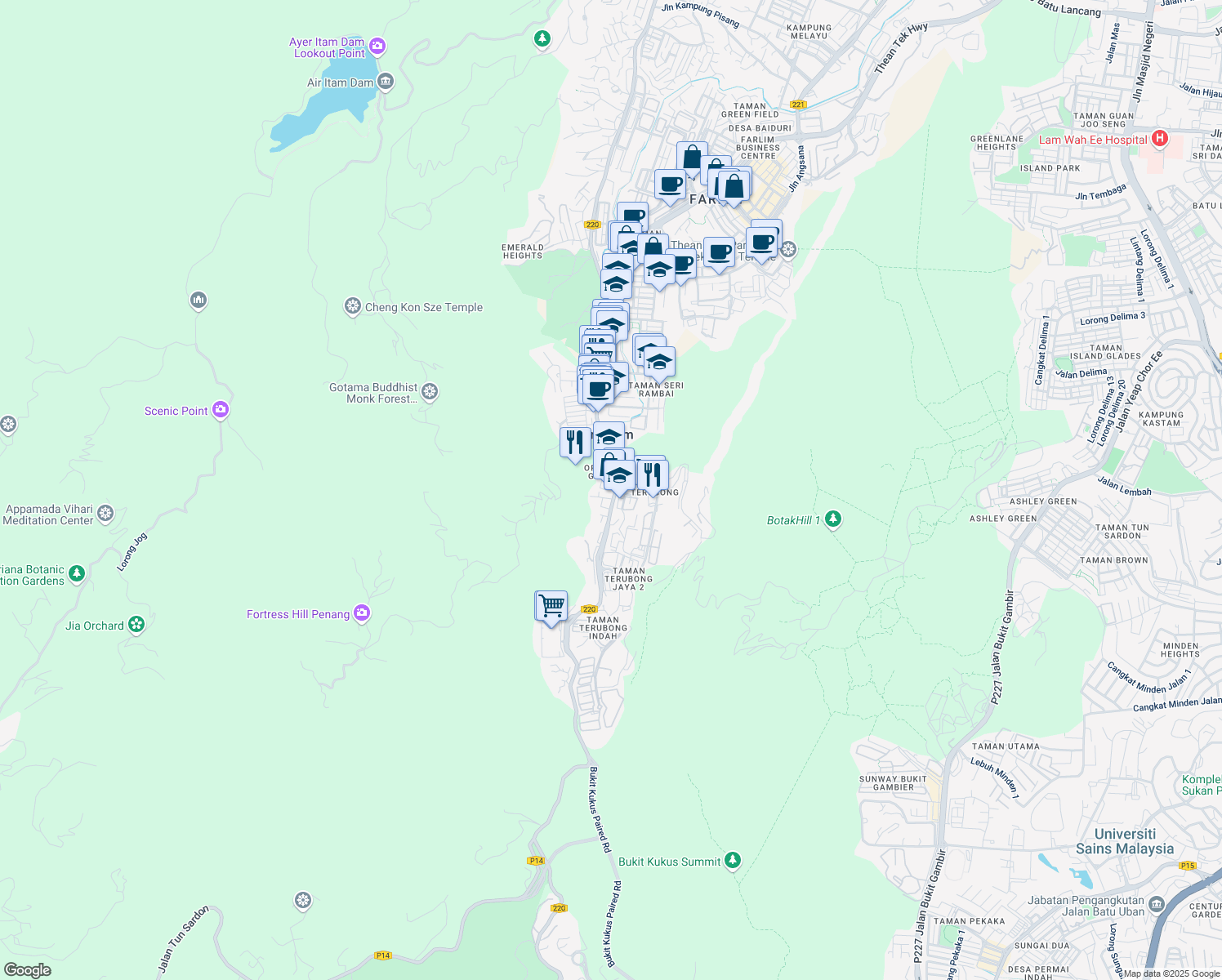 map of restaurants, bars, coffee shops, grocery stores, and more near Jalan Paya Terubong in Air Itam