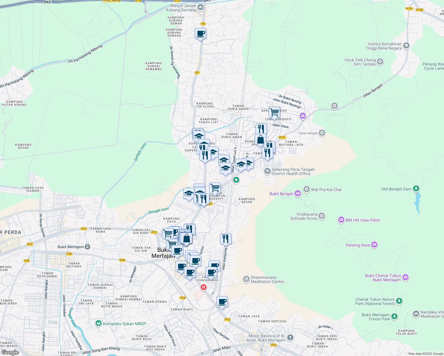 map of restaurants, bars, coffee shops, grocery stores, and more near Jalan Berapit in Bukit Mertajam