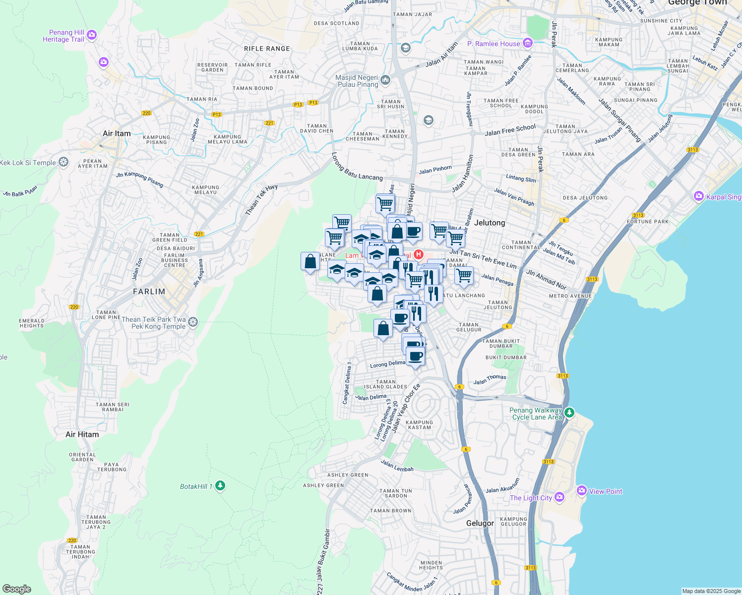 map of restaurants, bars, coffee shops, grocery stores, and more near Medan Tembaga in George Town