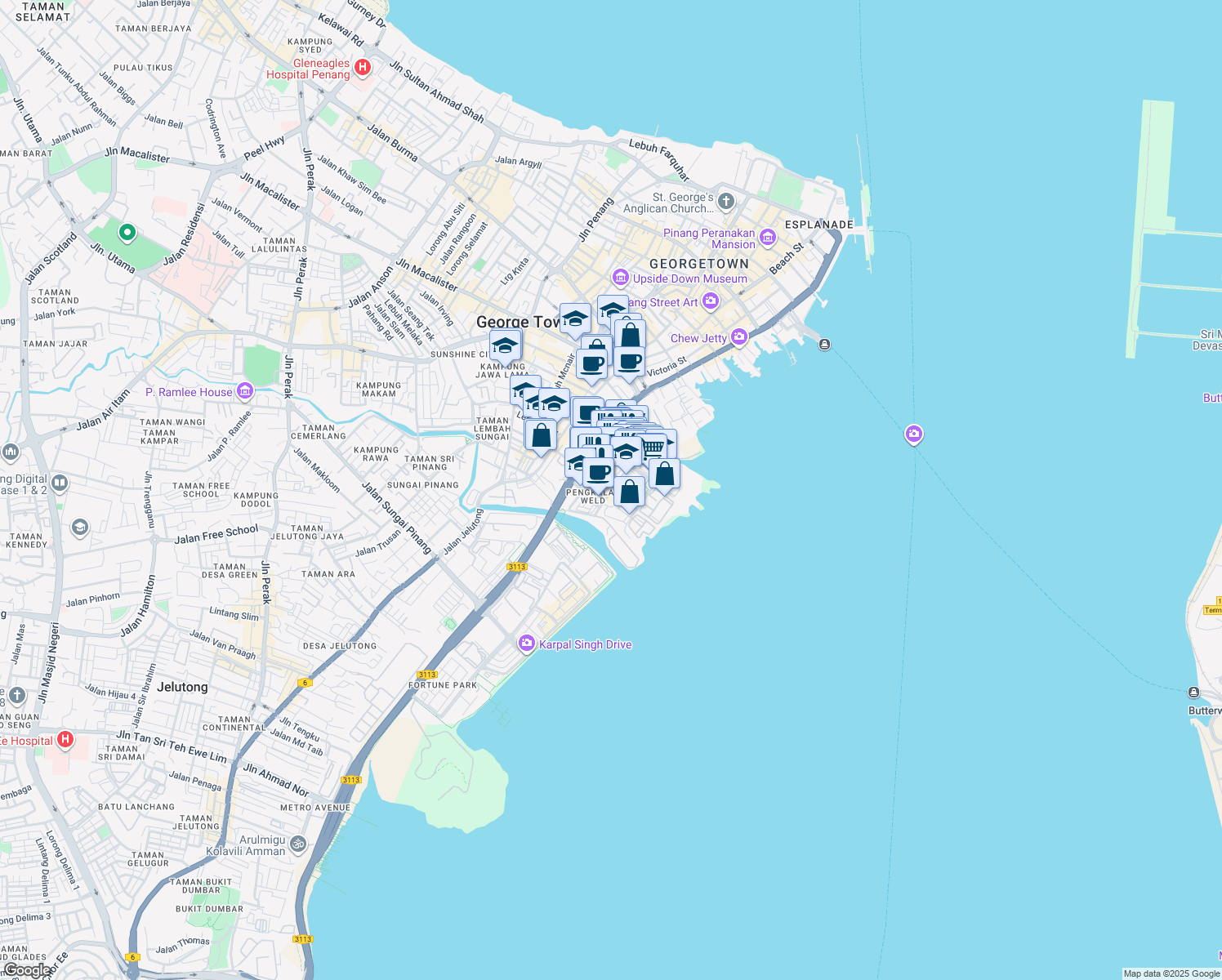 map of restaurants, bars, coffee shops, grocery stores, and more near Lintang Macallum 1 in George Town