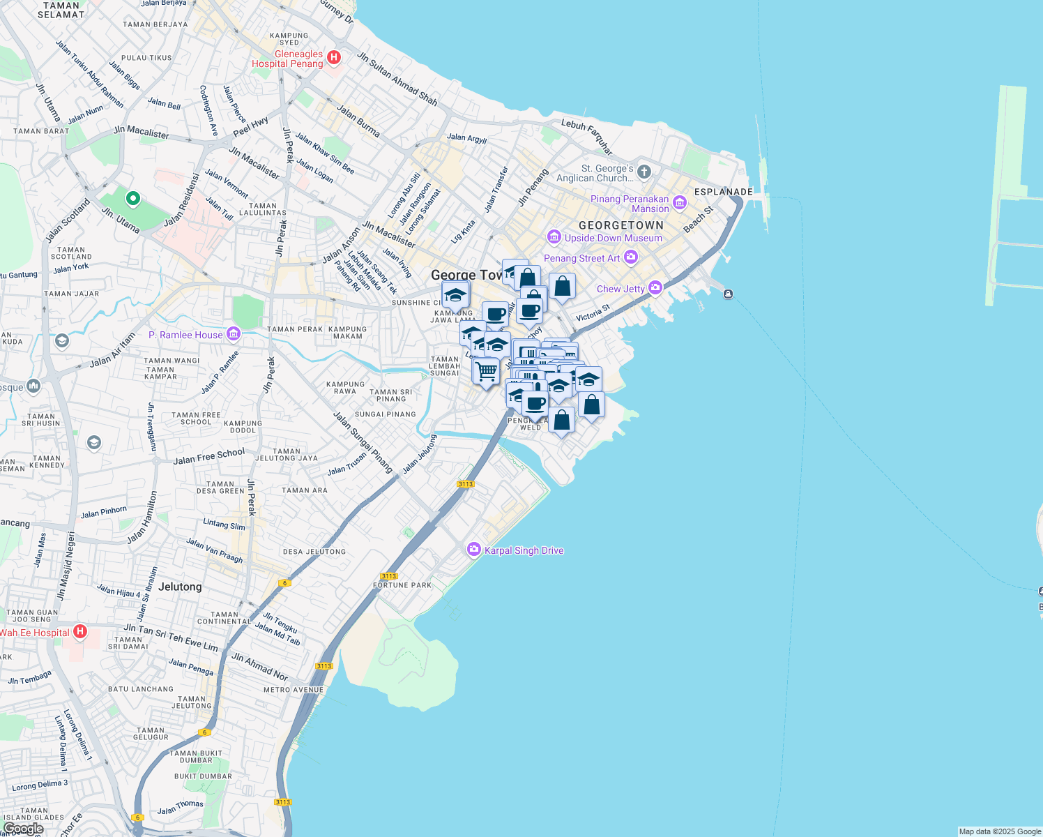 map of restaurants, bars, coffee shops, grocery stores, and more near Pintasan Cecil 3 in George Town