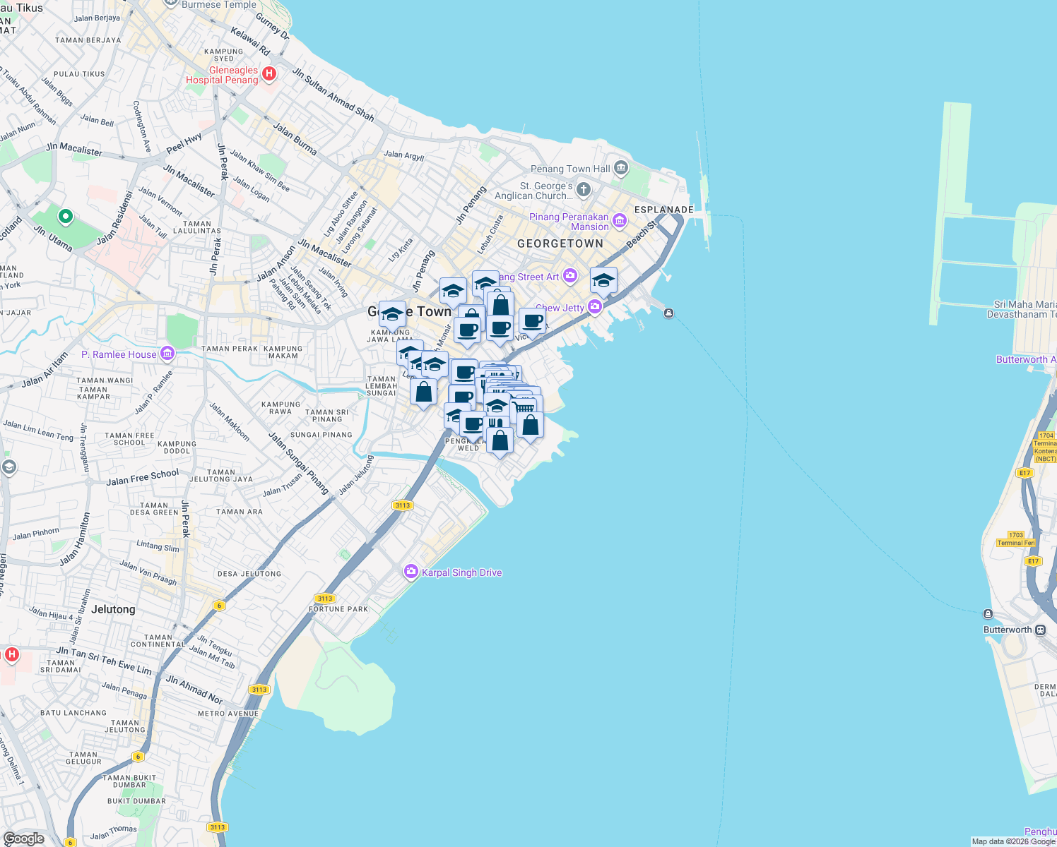 map of restaurants, bars, coffee shops, grocery stores, and more near Lintang Macallum 3 in George Town