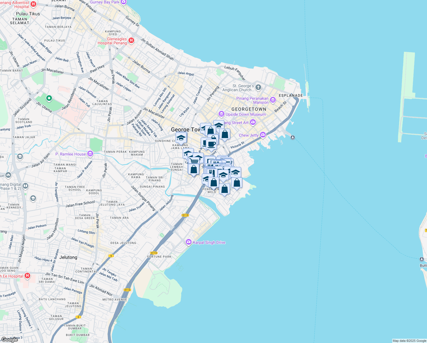 map of restaurants, bars, coffee shops, grocery stores, and more near 36-50 Jalan Burma in Pulau Pinang