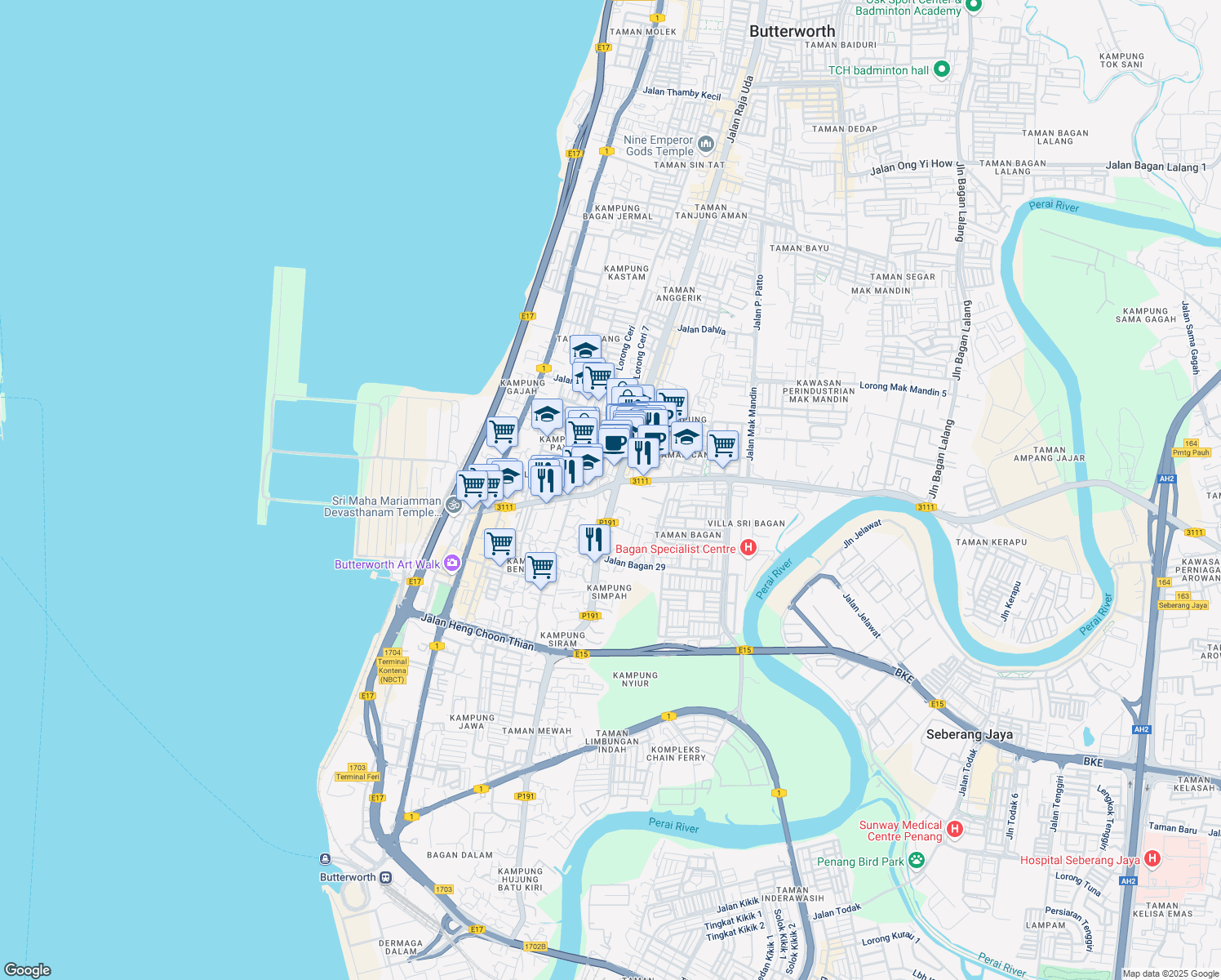 map of restaurants, bars, coffee shops, grocery stores, and more near Exit Jalan Telaga Air in Butterworth