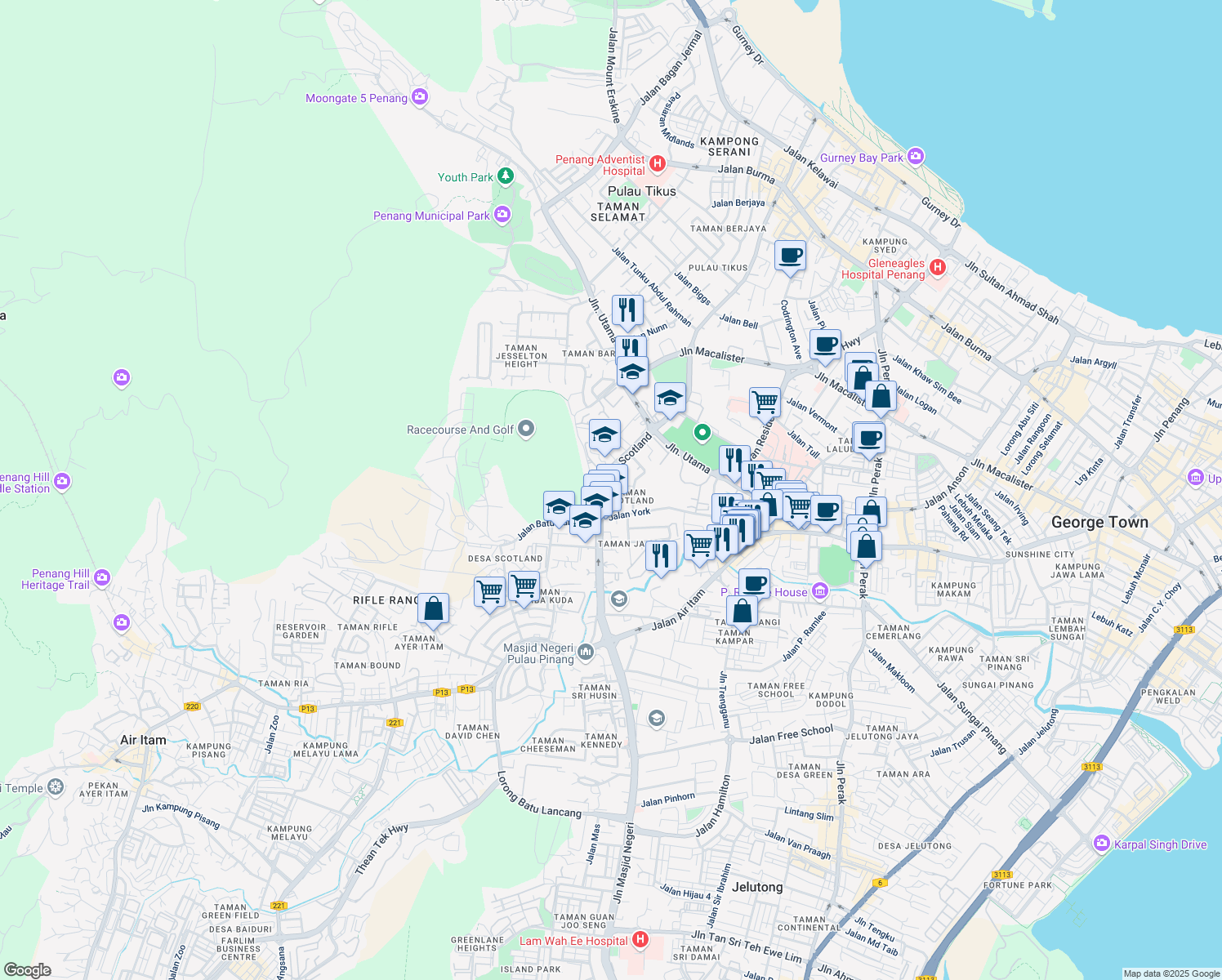 map of restaurants, bars, coffee shops, grocery stores, and more near 2 Taman Scotland in George Town