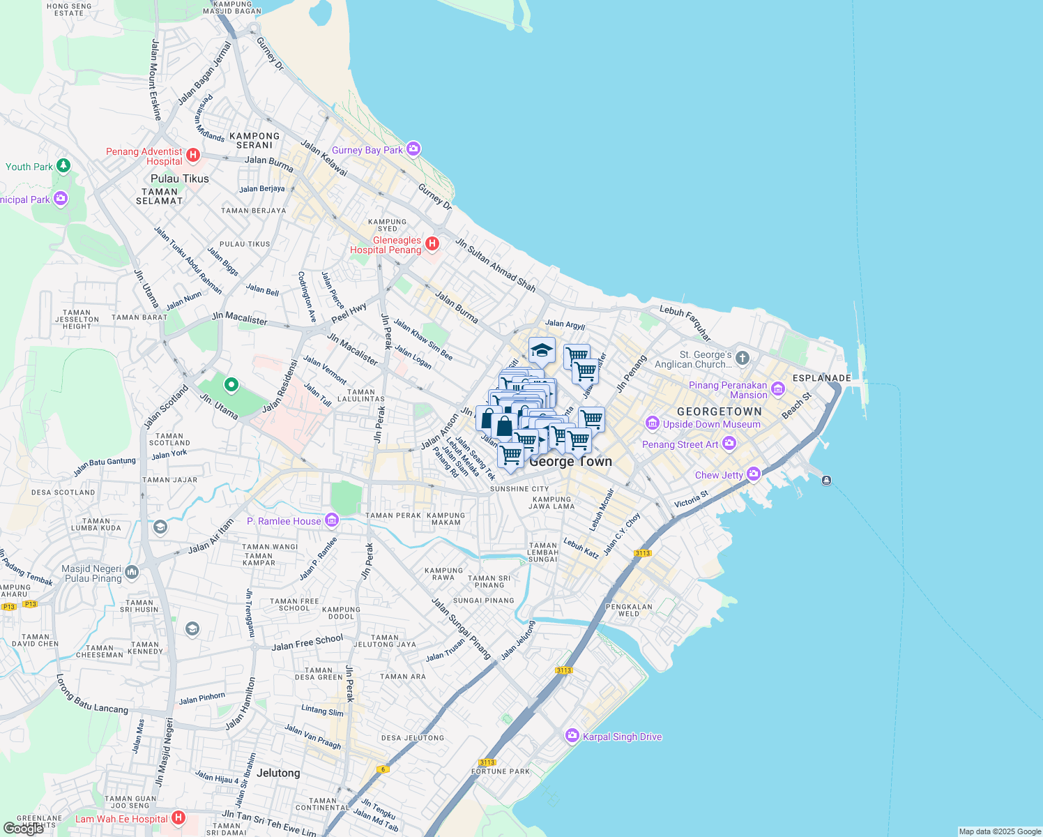 map of restaurants, bars, coffee shops, grocery stores, and more near 70 Jalan Zainal Abidin in George Town