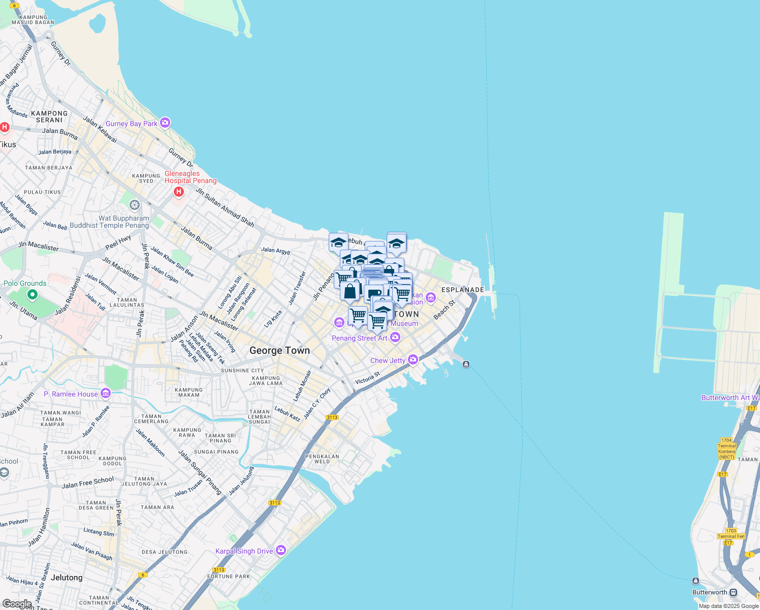 map of restaurants, bars, coffee shops, grocery stores, and more near Lebuh Chulia in George Town