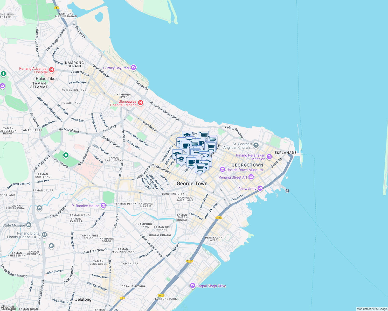 map of restaurants, bars, coffee shops, grocery stores, and more near 36 Jalan Burma in George Town