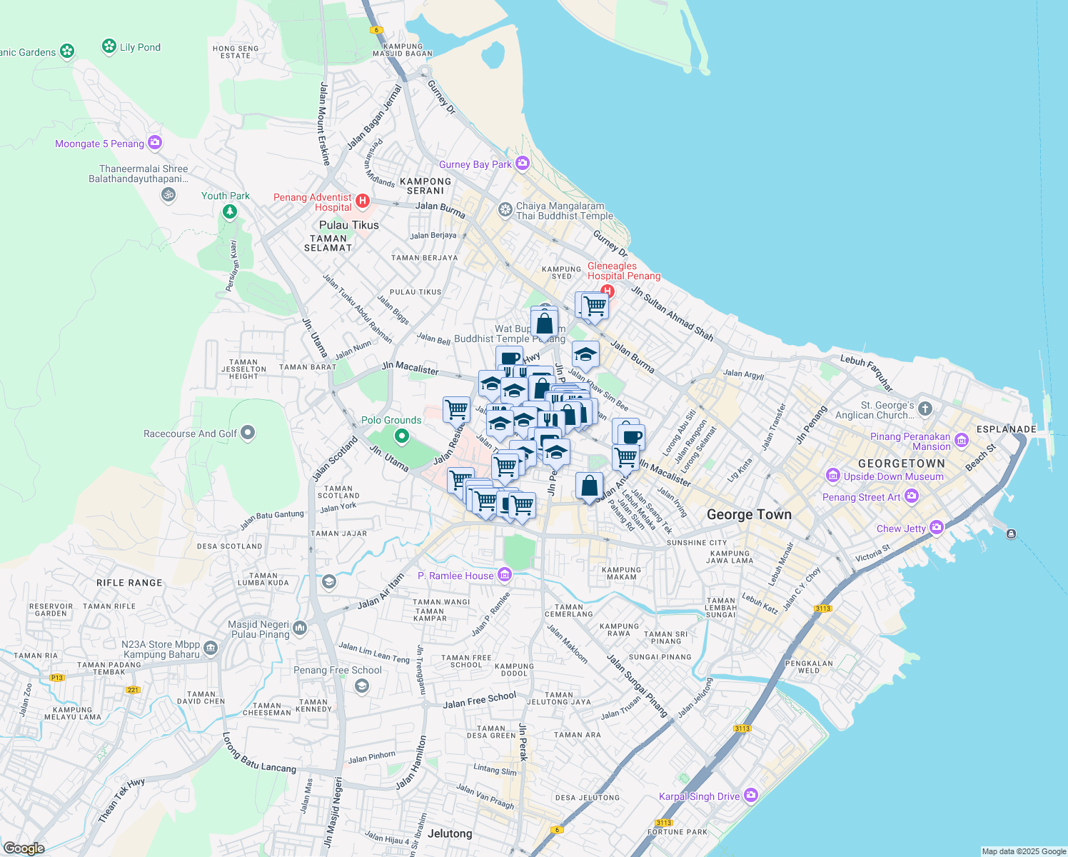 map of restaurants, bars, coffee shops, grocery stores, and more near 9 Solok Barrack in George Town