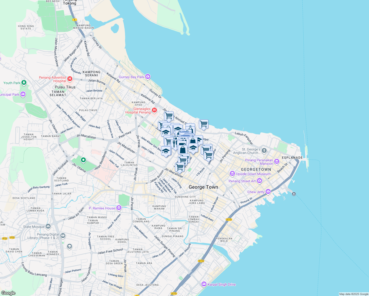 map of restaurants, bars, coffee shops, grocery stores, and more near 217 Jalan Burma in George Town