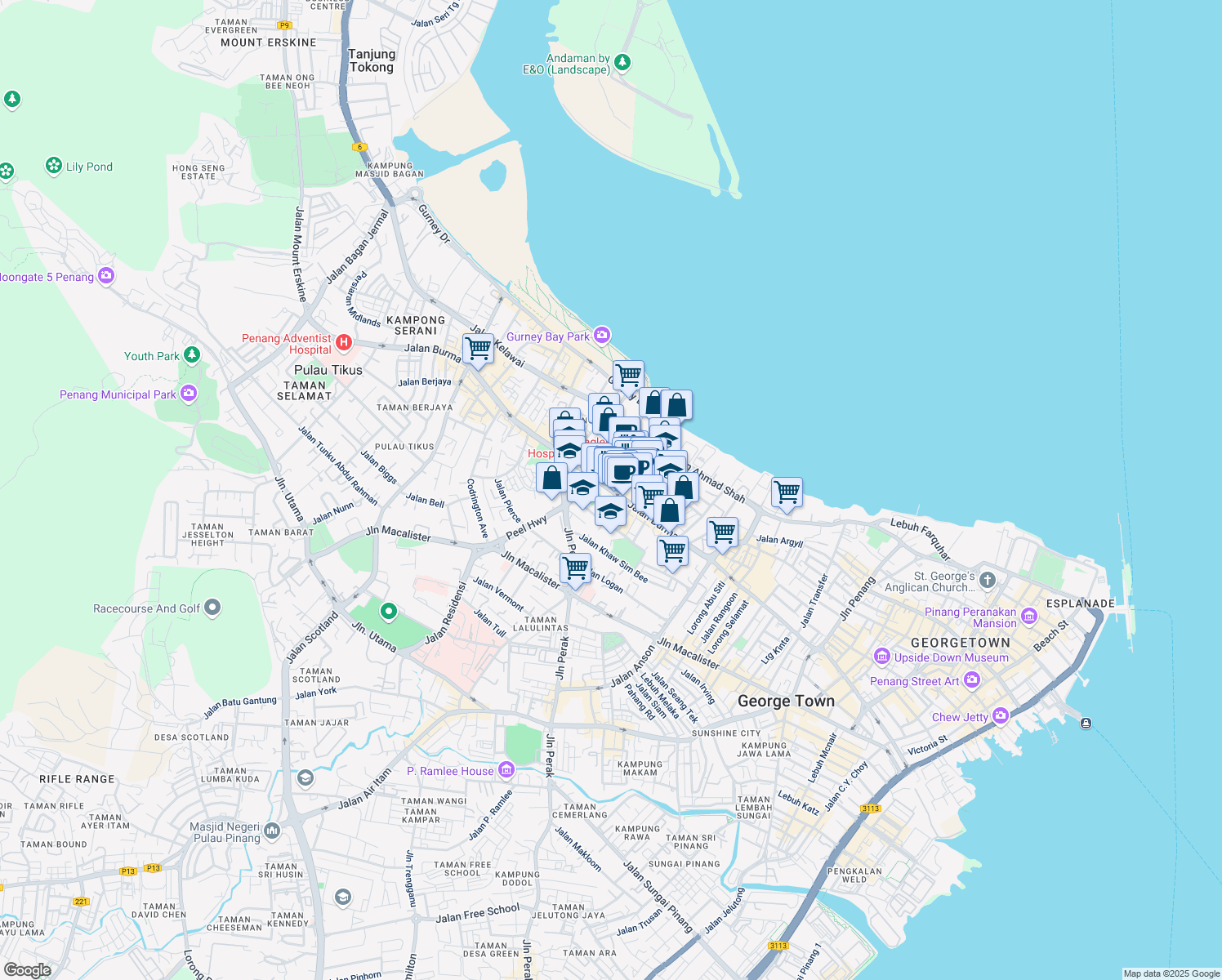 map of restaurants, bars, coffee shops, grocery stores, and more near 182 Jalan Burma in George Town