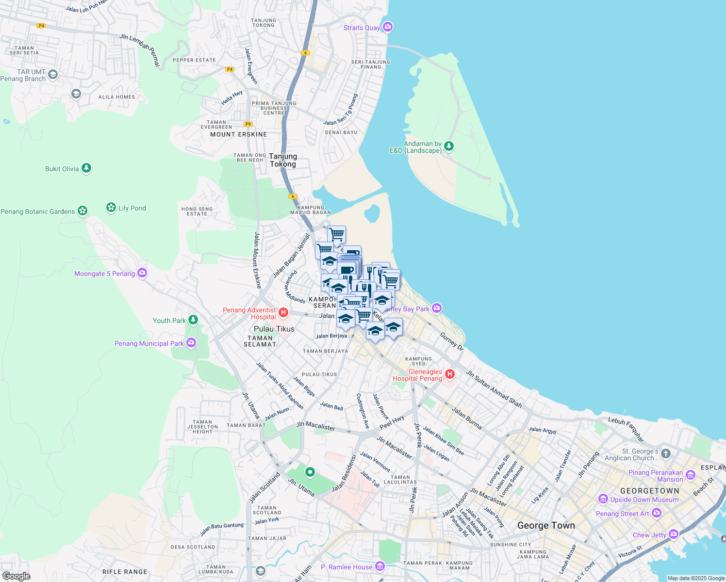 map of restaurants, bars, coffee shops, grocery stores, and more near 15 Jalan Kelawai in George Town