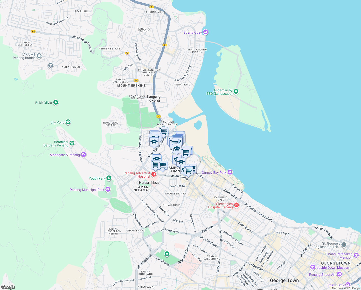 map of restaurants, bars, coffee shops, grocery stores, and more near 170 Persiaran Gurney in George Town