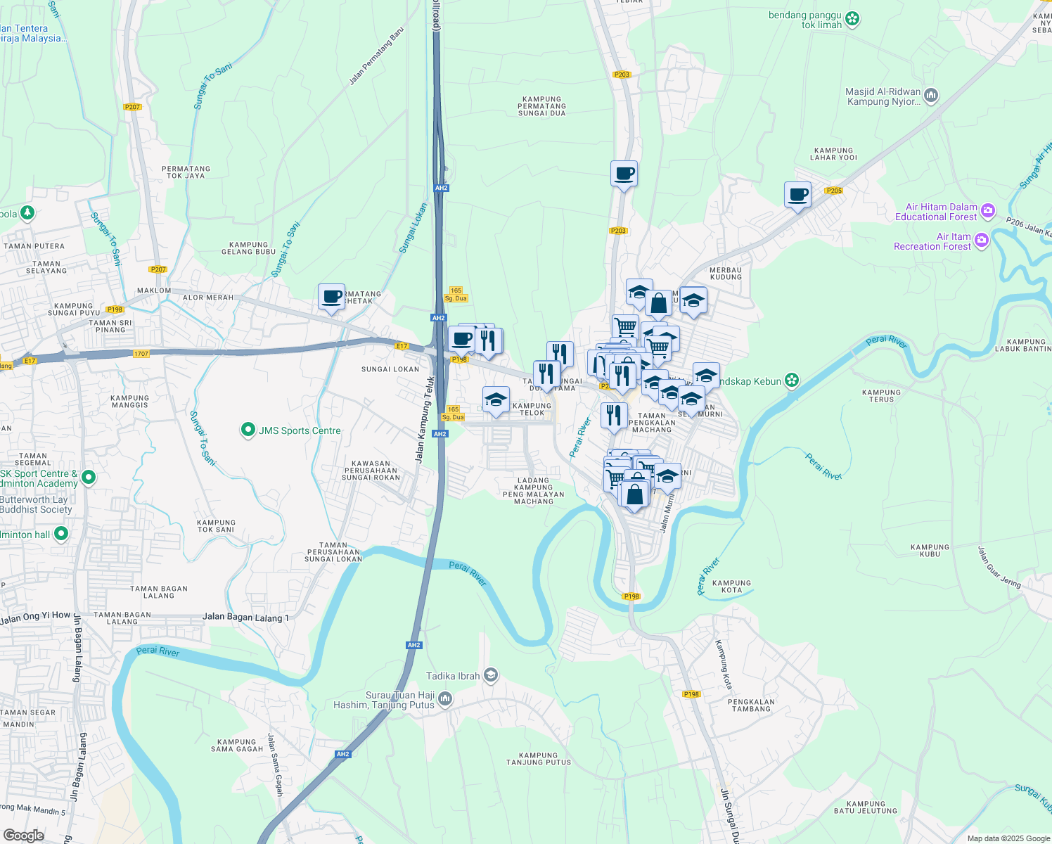 map of restaurants, bars, coffee shops, grocery stores, and more near Jalan Sungai Dua Utama 2 in Butterworth